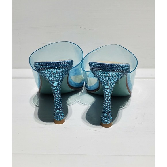 New Betsey Johnson Banks Champagne Blue Rhinestone Clear Toe Slide Heels Wmn 6.5 - Picture 3 of 6